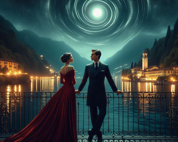 Couple on Balcony Overlooking Serene Lake and Mountains