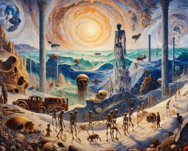 Surreal Landscape with Skeletons and Eerie Motifs