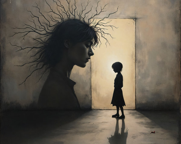Somber Dreamlike Artwork of Girl and Woman's Silhouette