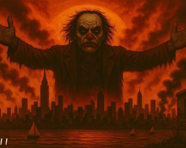 Apocalyptic Urban Scene with Menacing Figure and Boats