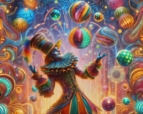 Vibrant Clown Juggling Colorful Balls in Festive Scene
