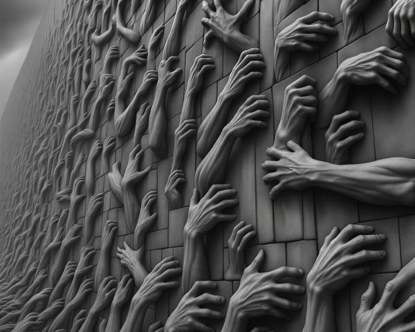 Monochromatic Relief Sculpture of Human Arms and Hands