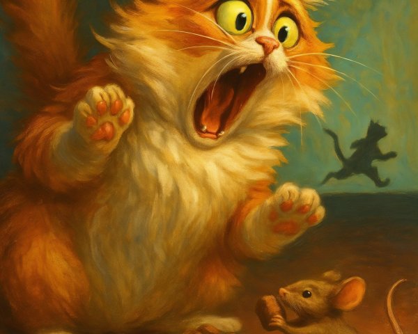Startled Orange Cat Surprised by Brown Mouse Scene