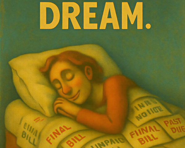 Whimsical Illustration of Dreamer Amidst Bills