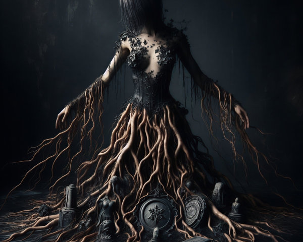 Haunting Figure in Dress of Roots and Ancient Artifacts