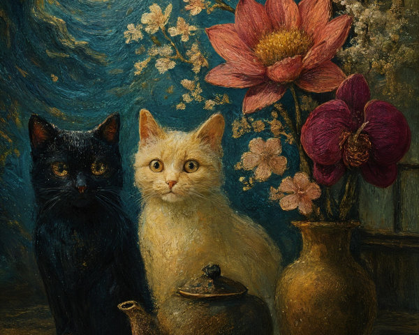 Moonlit Scene with Cats and Vibrant Flowers