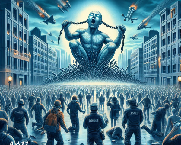 Muscular Statue of Screaming Figure Amidst Chaos