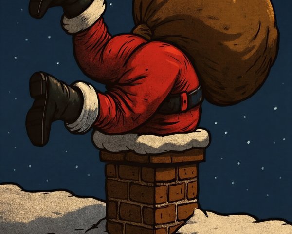 Jovial Santa Stuck Upside Down in Chimney Scene