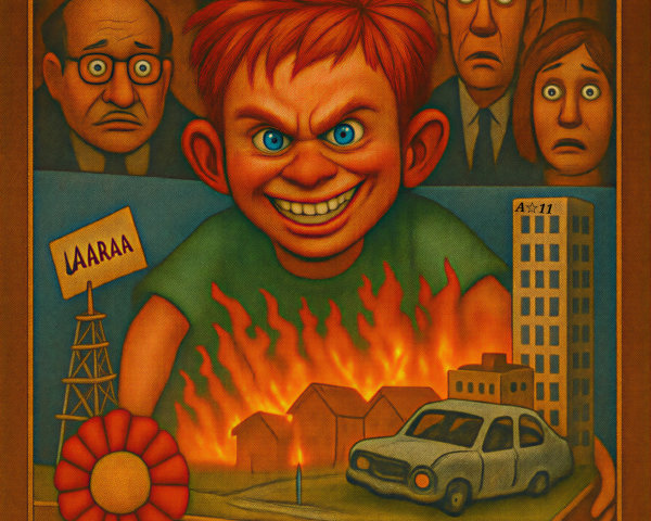 Mischievous Boy in Fiery Scene with Shocked Onlookers