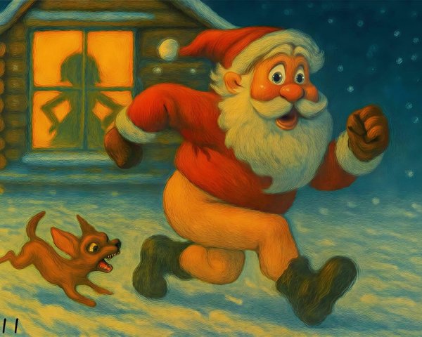 Santa Claus and Dog Running in Snowy Landscape