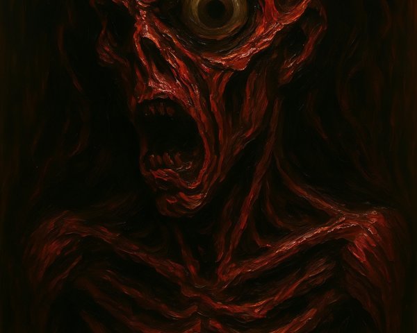 Skeletal Figure with Exaggerated Features in Dark Setting