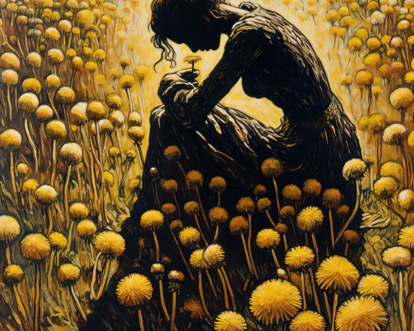 Silhouette of Woman in Dandelion Field at Sunset