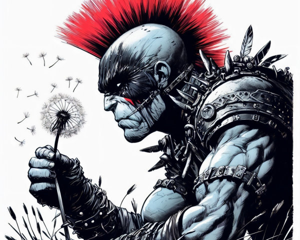 Muscular Figure with Red Mohawk Among Dandelions
