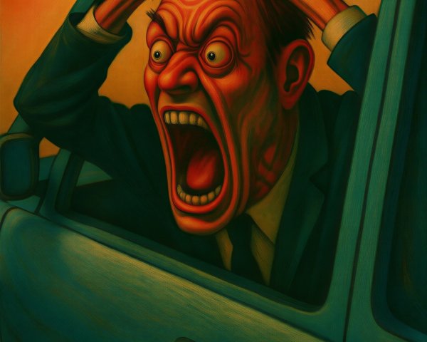 Man in Suit Expresses Rage from Car Window