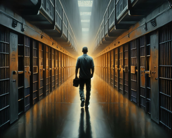 Solitary Figure in Dimly Lit Prison Corridor