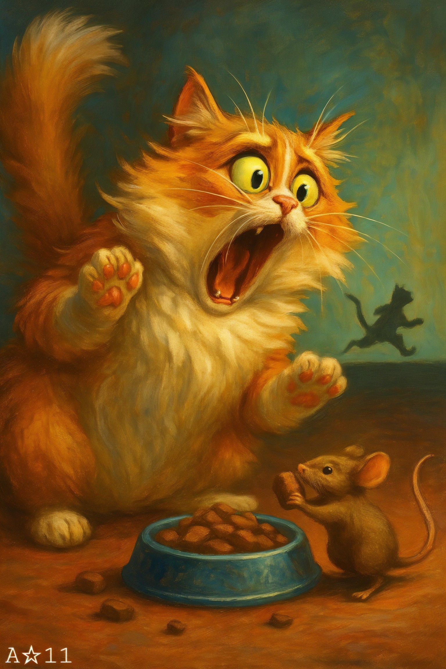 Startled Orange Cat Surprised by Brown Mouse Scene