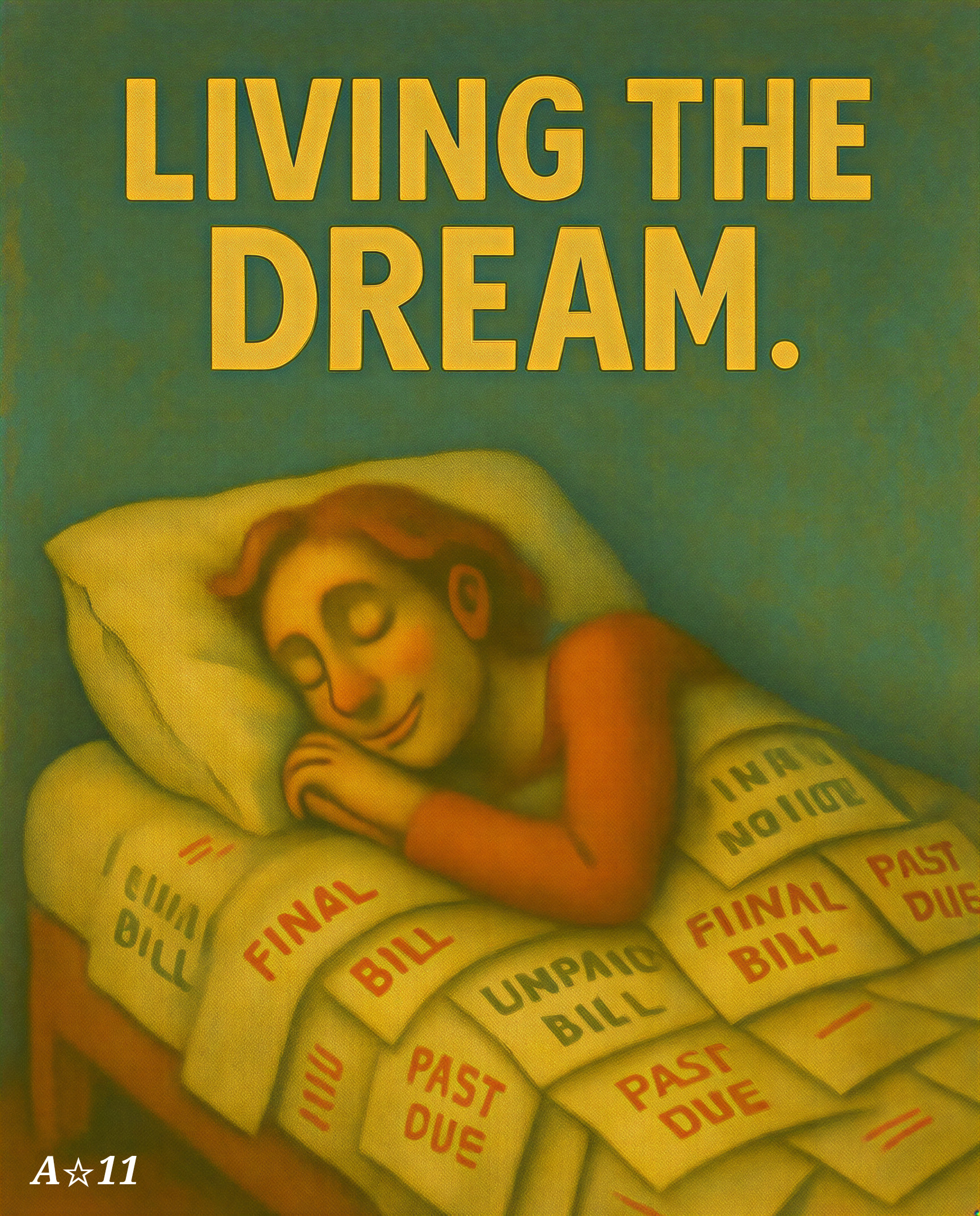 Whimsical Illustration of Dreamer Amidst Bills