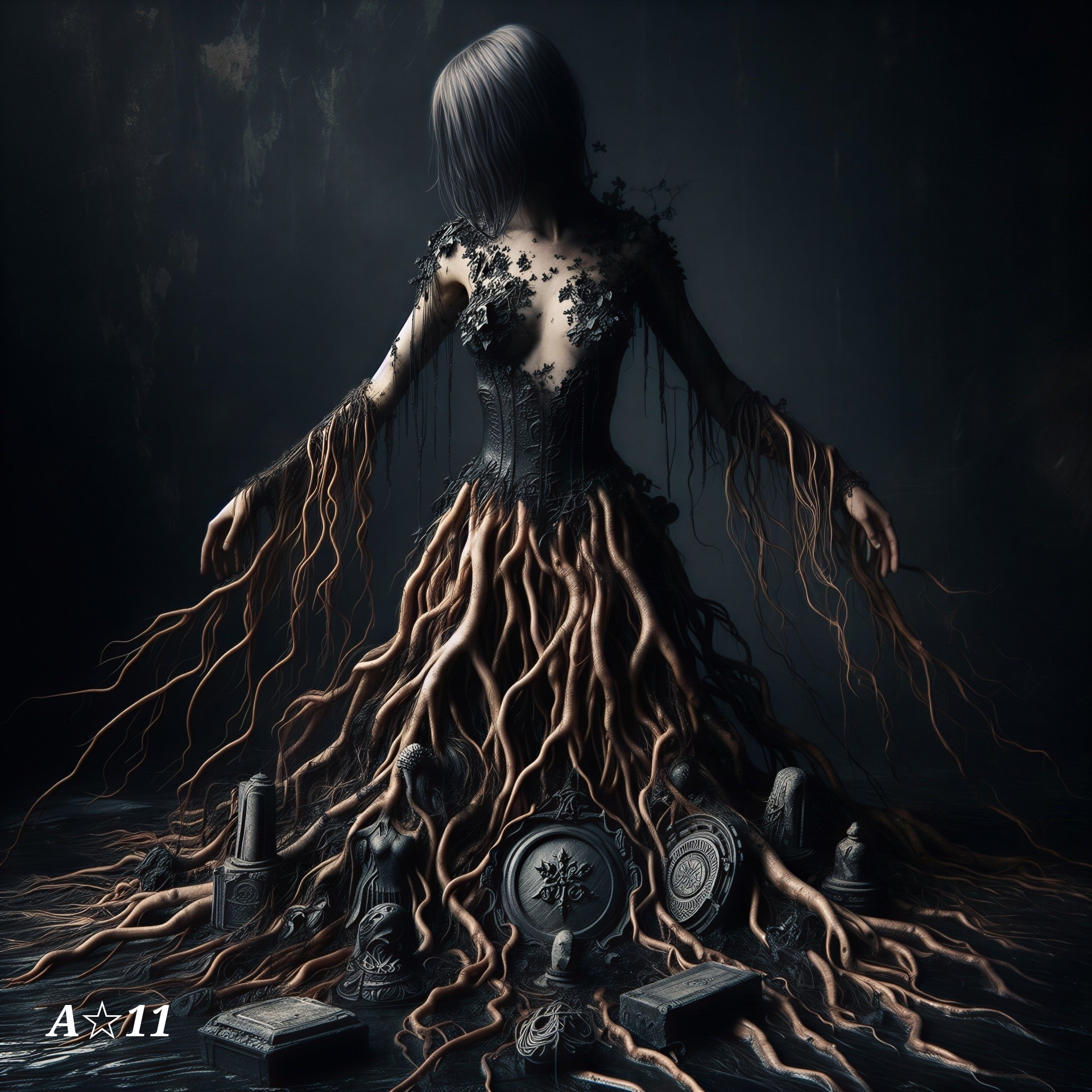 Haunting Figure in Dress of Roots and Ancient Artifacts