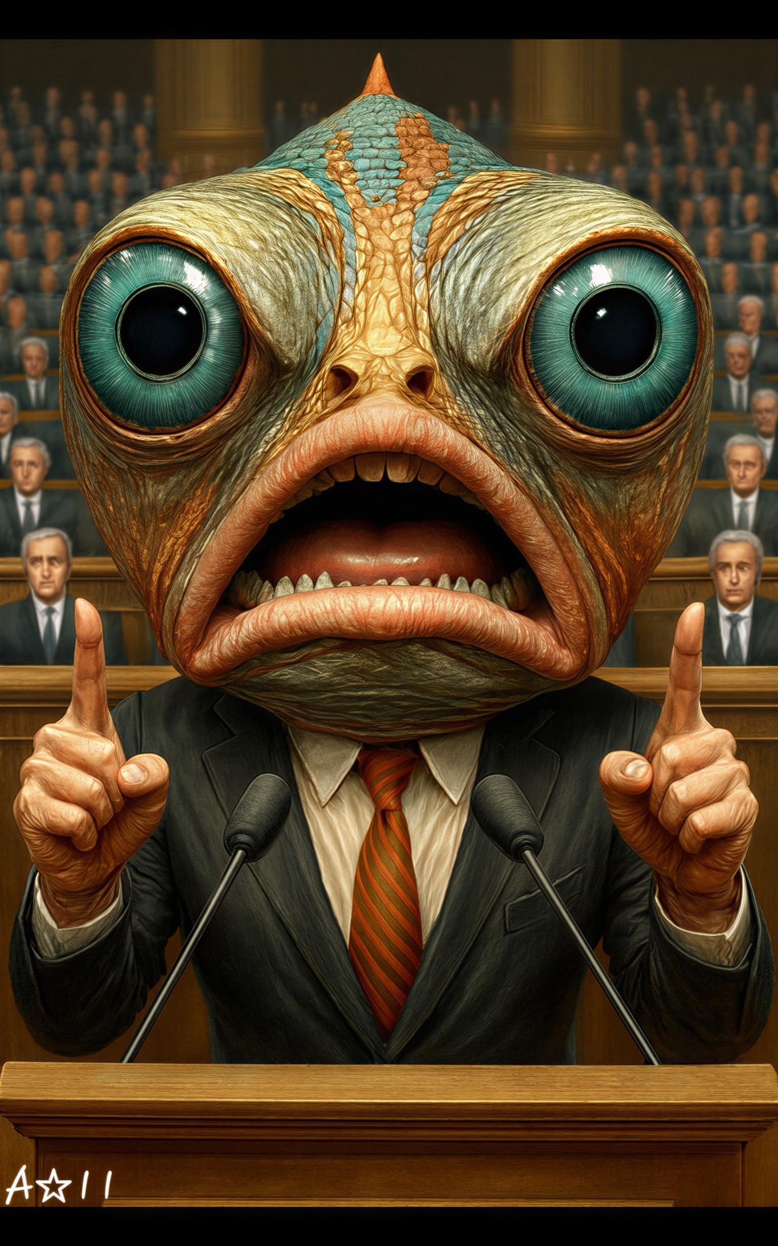 Political Cartoon Character with Fish or Frog Head
