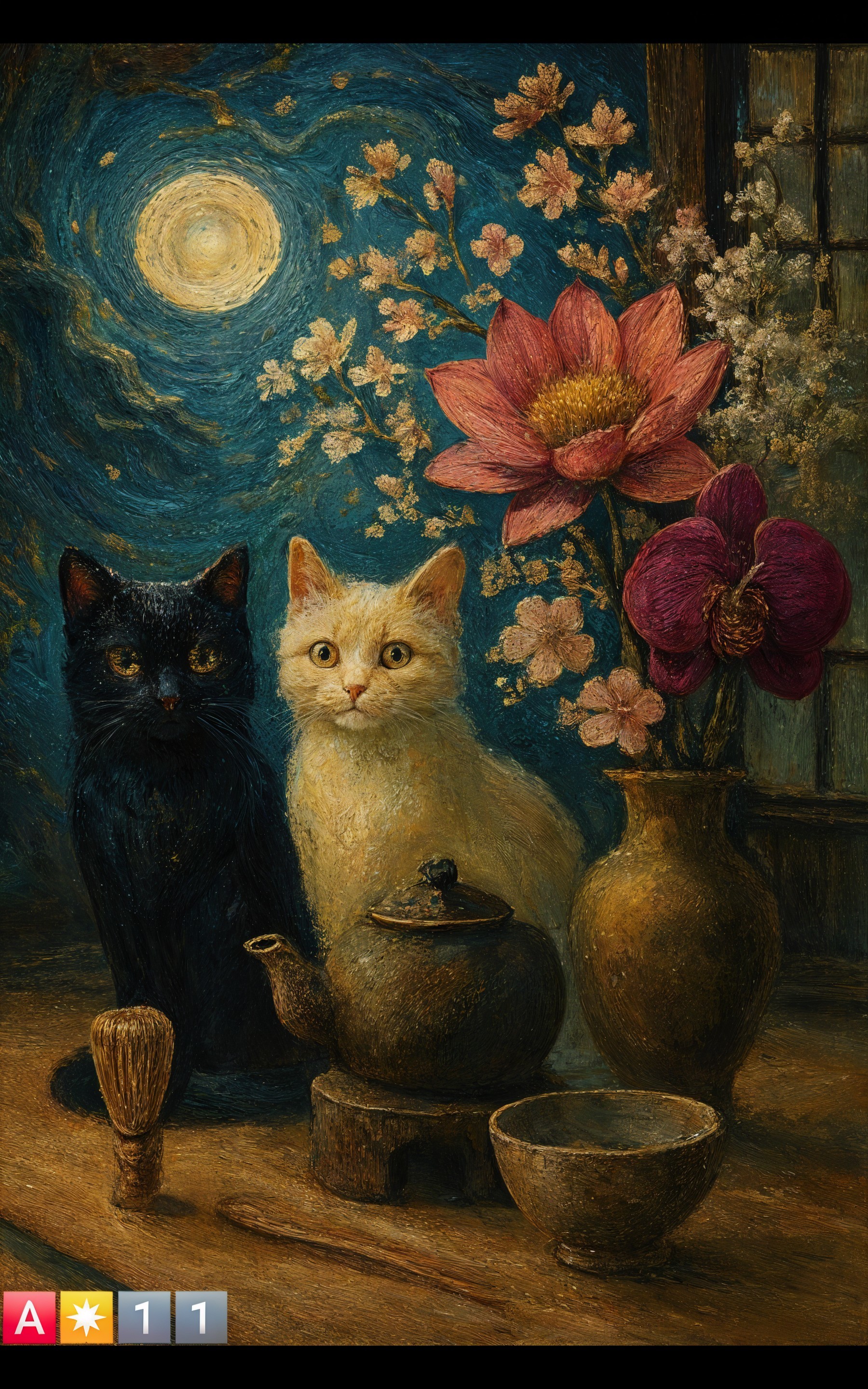 Moonlit Scene with Cats and Vibrant Flowers
