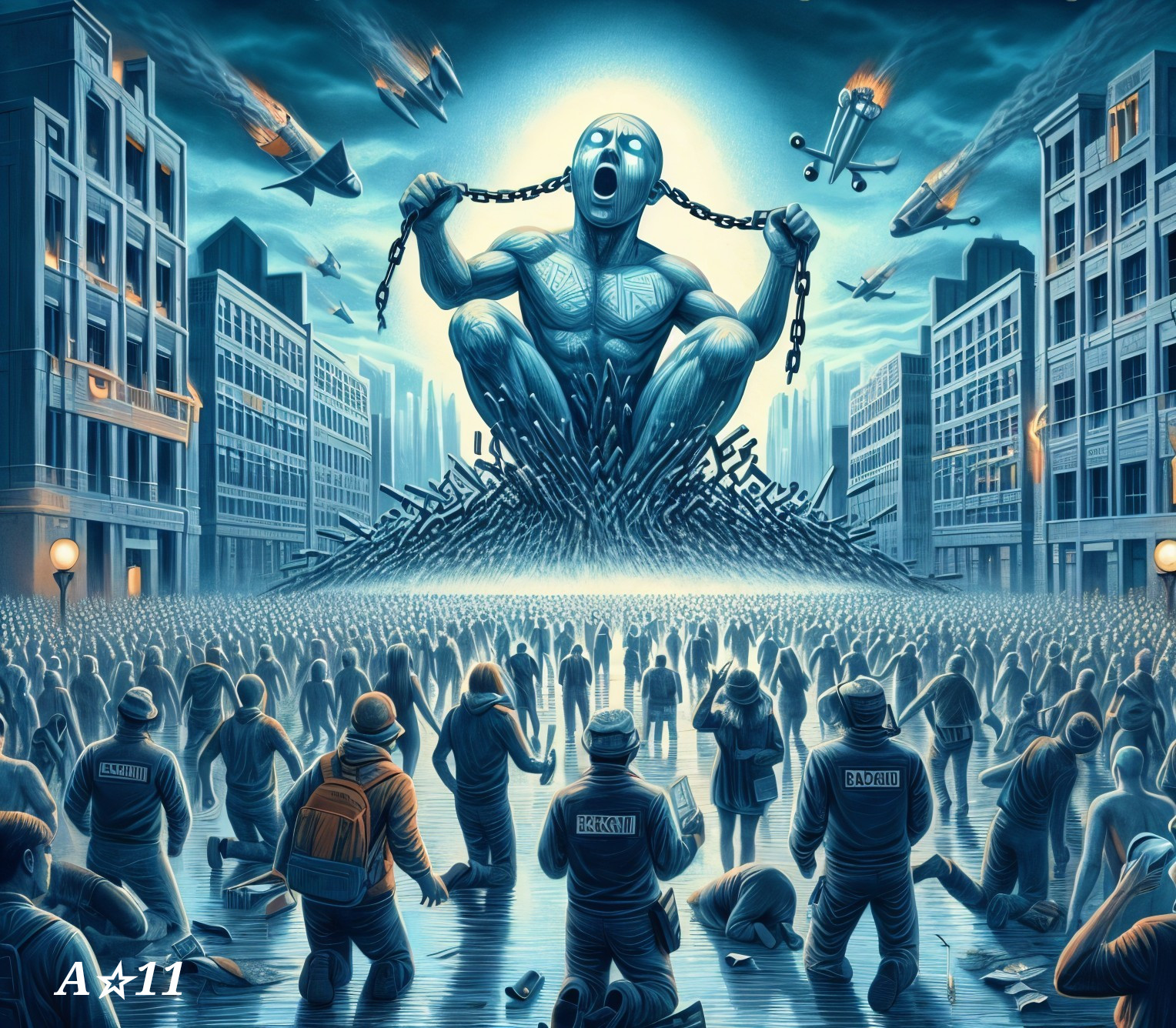 Muscular Statue of Screaming Figure Amidst Chaos
