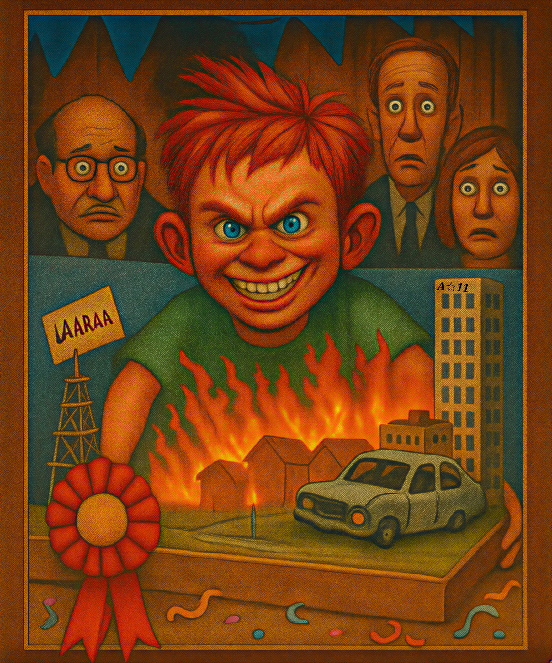 Mischievous Boy in Fiery Scene with Shocked Onlookers