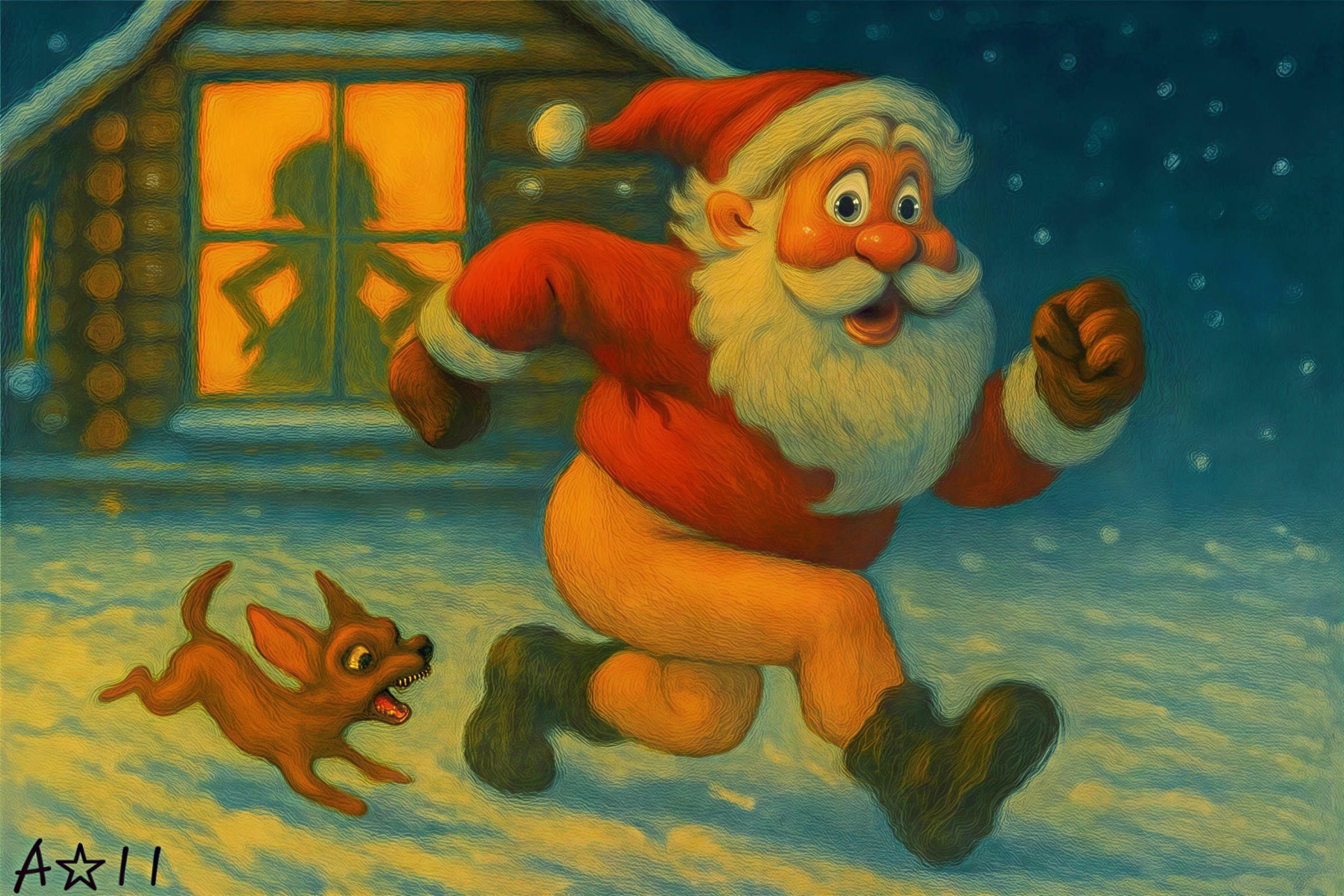 Santa Claus and Dog Running in Snowy Landscape