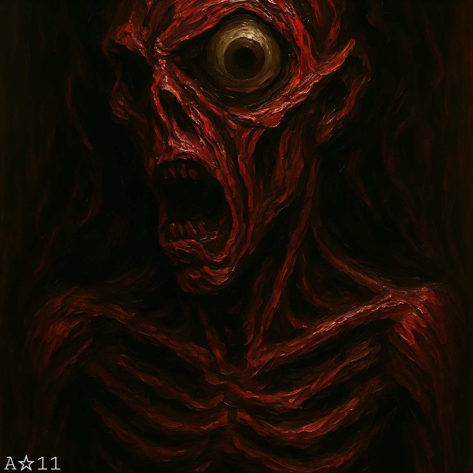 Skeletal Figure with Exaggerated Features in Dark Setting