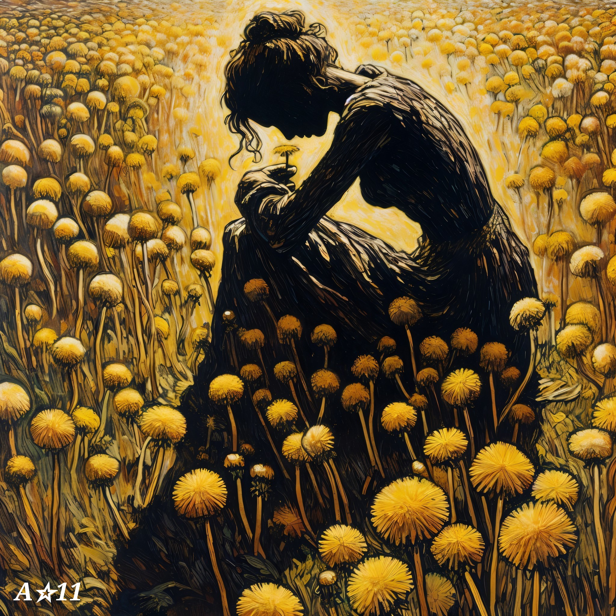 Silhouette of Woman in Dandelion Field at Sunset