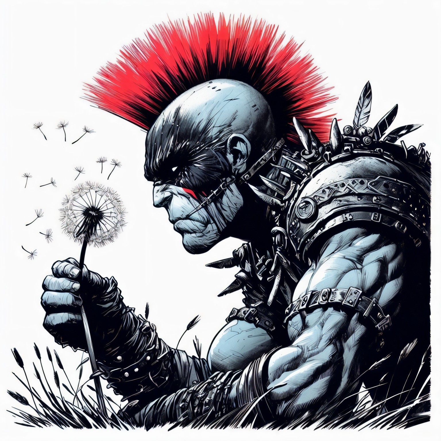Muscular Figure with Red Mohawk Among Dandelions