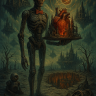 Skeletal Figure with Heart-Shaped City in Dark Landscape