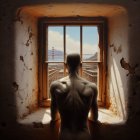 Solitary Figure by Barred Window in Worn Room