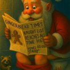 Santa Claus in Bathroom Reading Gingerbread Newspaper