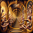 Surreal Corridor with Ornate Mirrors and Distressed Faces
