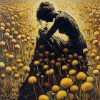 Silhouette of Woman in Dandelion Field at Sunset
