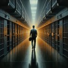 Solitary Figure in Dimly Lit Prison Corridor