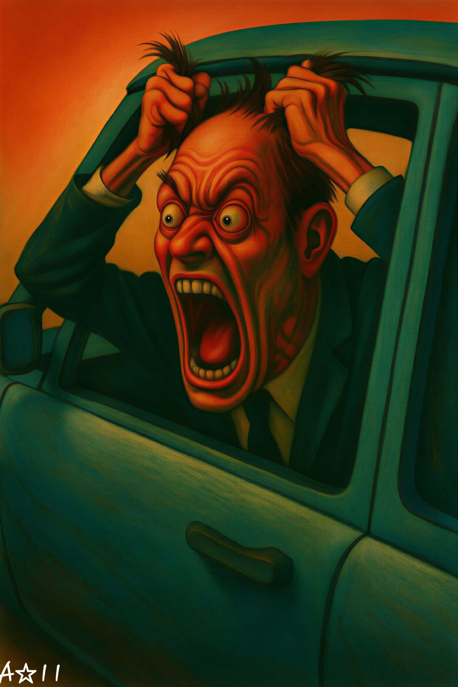 Man in Suit Expresses Rage from Car Window