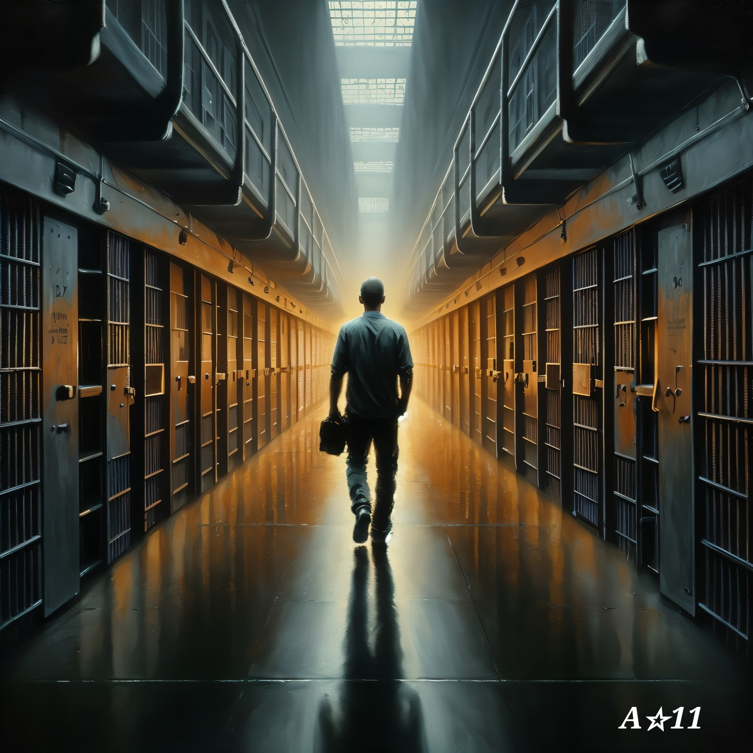 Solitary Figure in Dimly Lit Prison Corridor