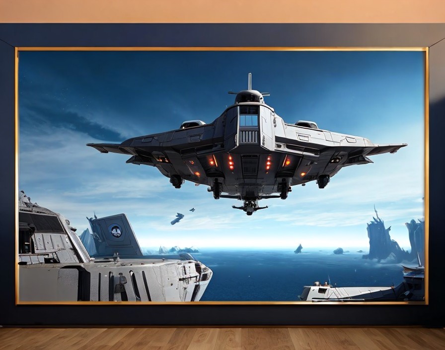 Futuristic Spacecraft Over Coastal Landscape and Ocean