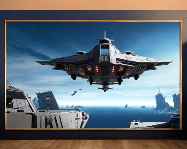 Futuristic Spacecraft Over Coastal Landscape and Ocean