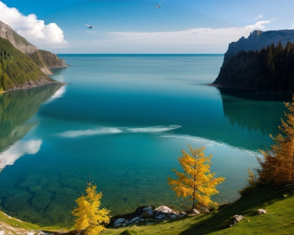 Serene Lake with Turquoise Waters and Autumn Trees