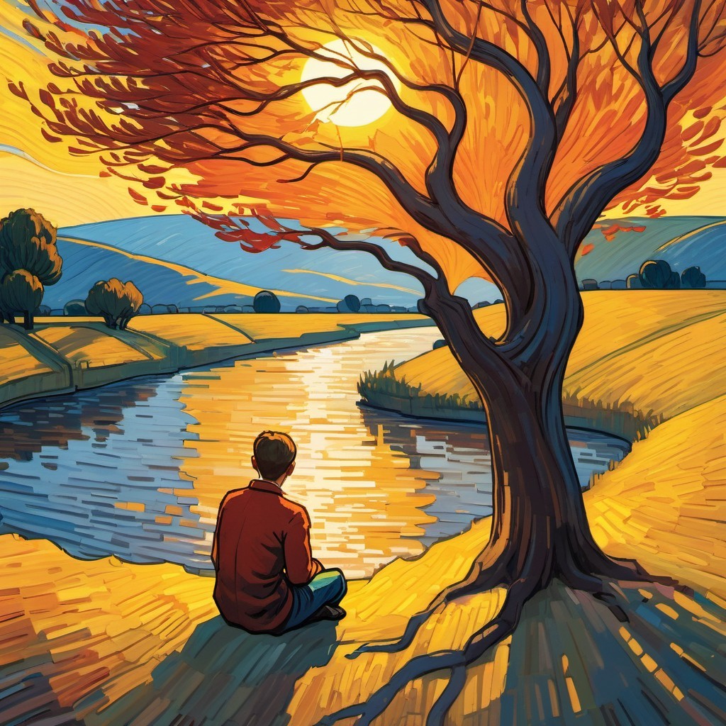Person Sitting Under a Tree by a River at Sunset