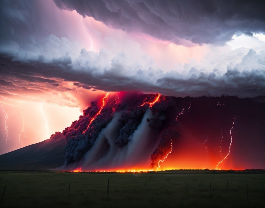 Dramatic Volcanic Eruption with Lightning and Lava
