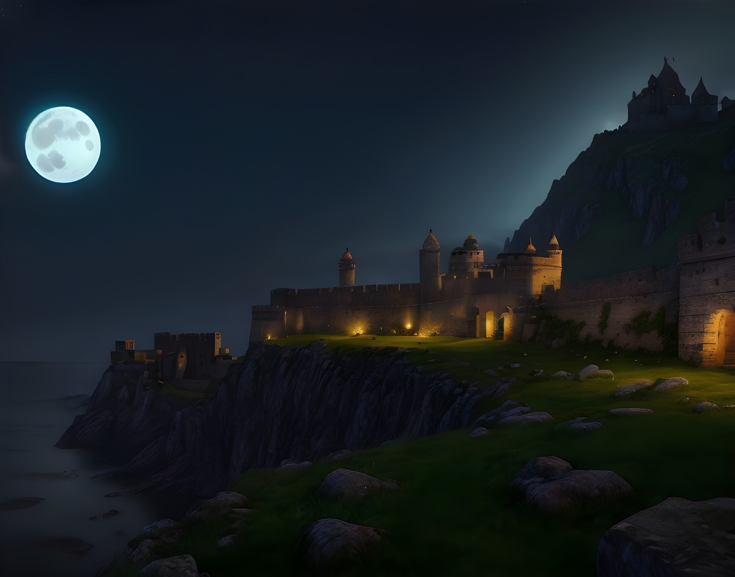 Medieval Castle on Cliff Under Full Moonlight