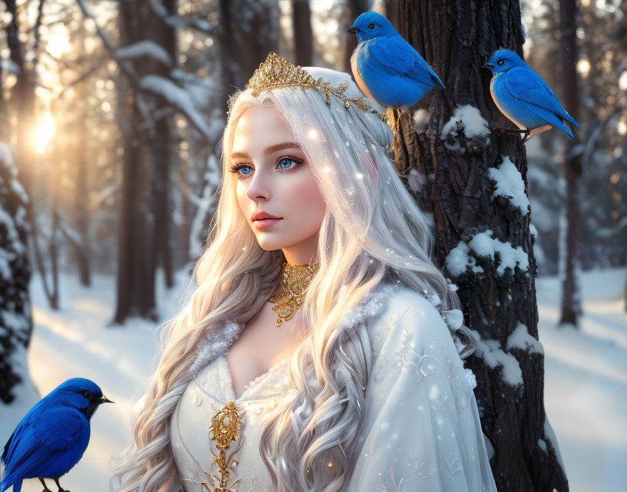 Regal figure in snowy forest with bluebirds and sunlight