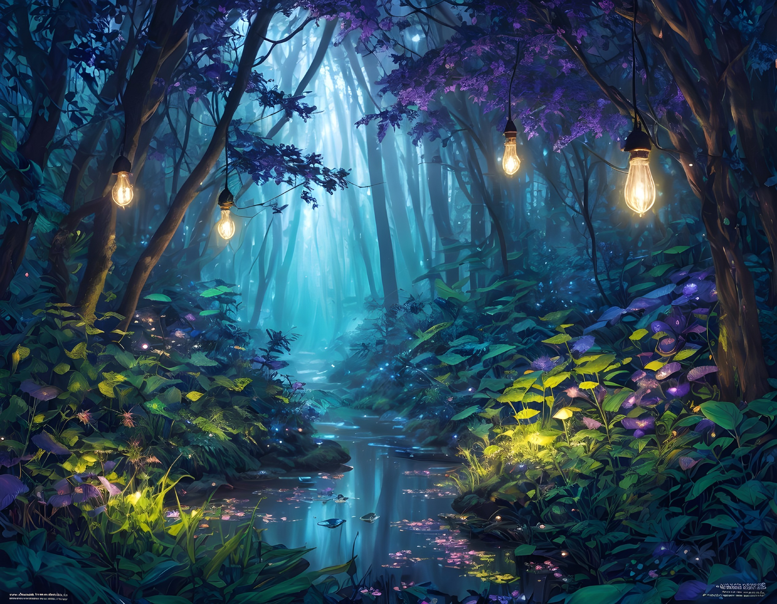 Tranquil Forest Scene with Soft Blue and Purple Light