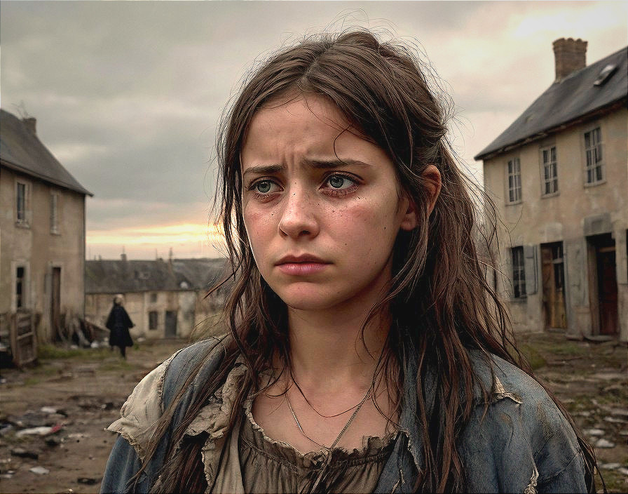 Young girl in desolate setting with dilapidated buildings