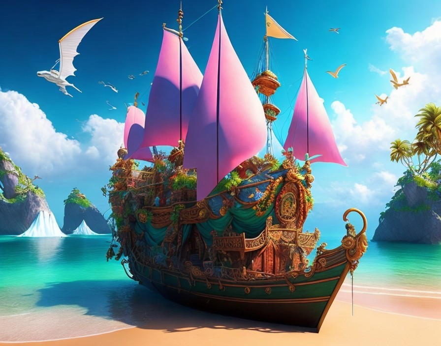 Vibrant Ship with Pink Sails on Tropical Beach