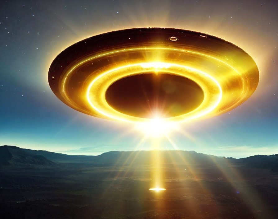 Golden Saucer-Shaped UFO Over Majestic Landscape at Dawn