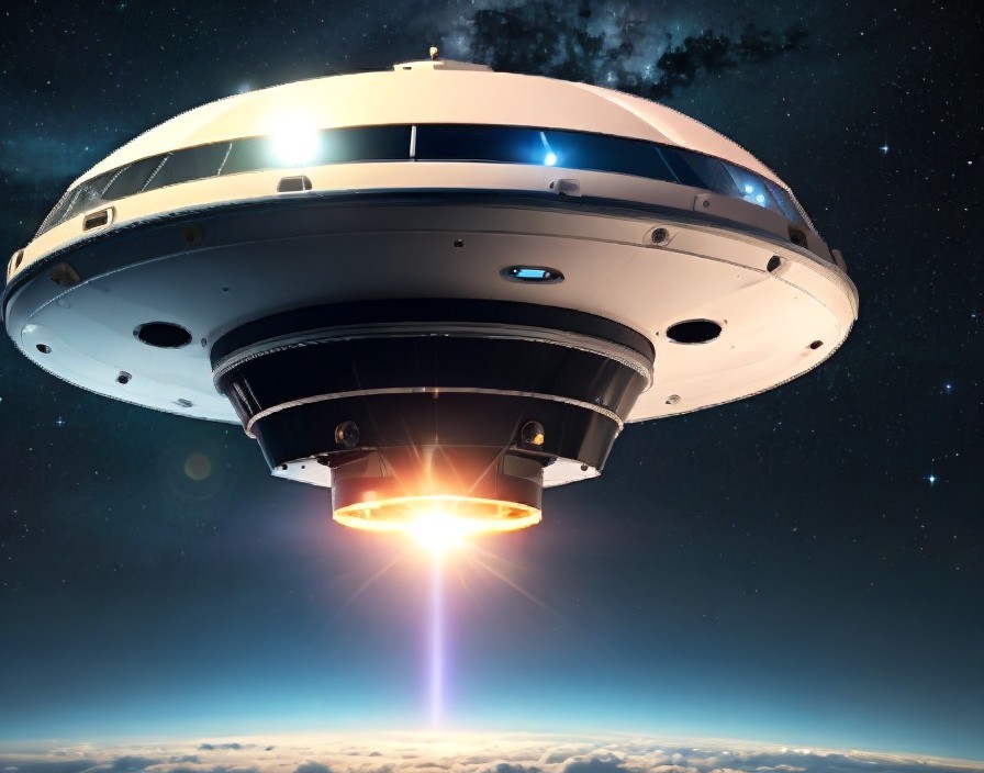 Futuristic spacecraft hovering above a planet's atmosphere